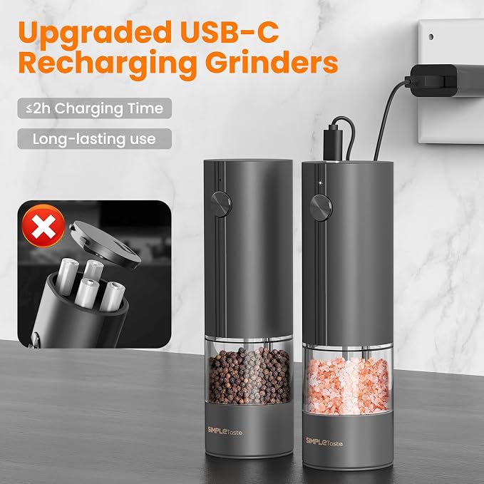 SIMPLETASTE Electric Salt and Pepper Grinder Set with LED Light, Automatic Pepper Mill Shakers with Adjustable Coarseness, One Hand Operation for Kitchen, Dining, Gifting, Black, Rechargeable