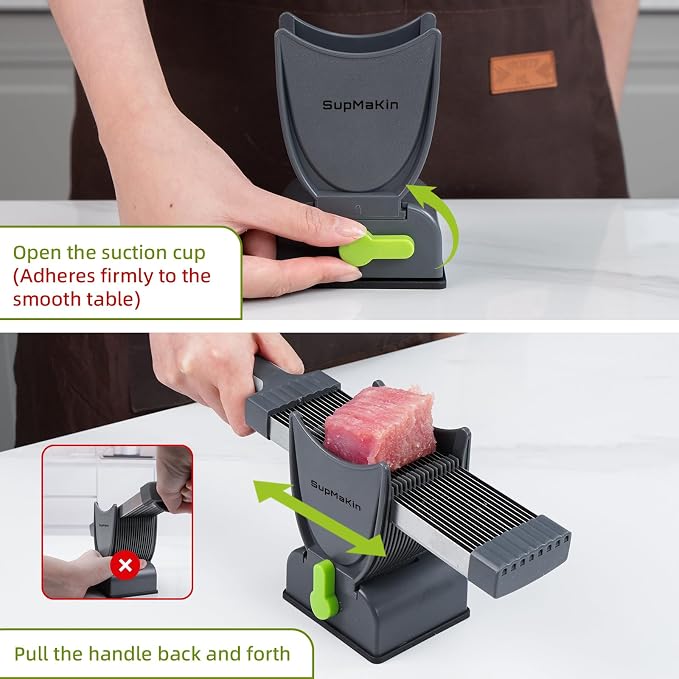 SupMaKin Fresh Meat Slicer, Thickness Adjustable 2 or 4 mm, 17 IN 1 Stainless Steel Manual Meat Cutter, Cleaver Kitchen Knife, Jerky Slicer Suit for Chicken Breast Beef Pork (Gray)