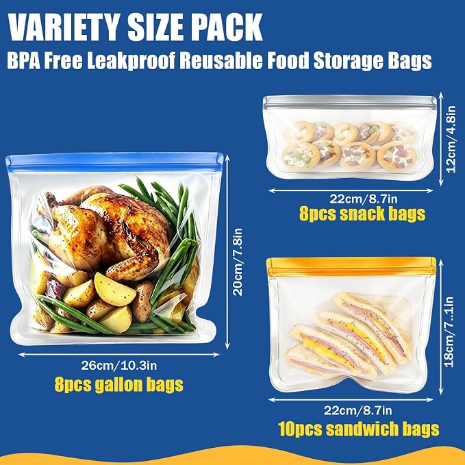 26Pack Reusable Silicone Bags, 3 Size Leakproof Food Storage Bags Dishwasher Safe, Silicone Bags Containers for Meal Prep Containers, Salad Fruit, Vegetables, Home Organization, Lunch Sandwich Bag