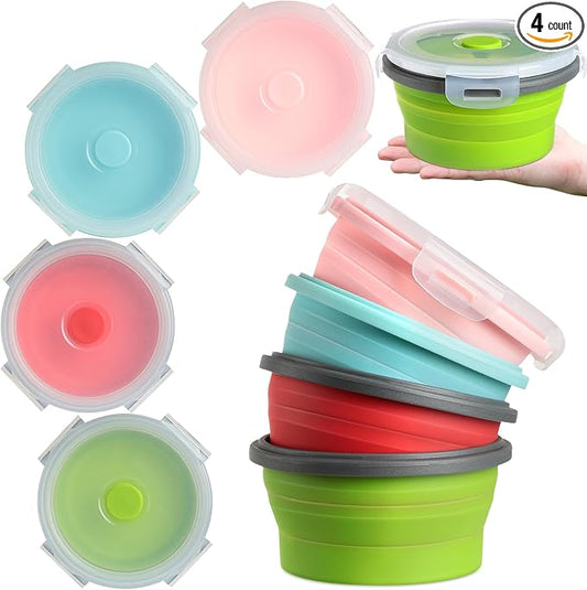 4 Pcs Collapsible Bowls with Lids Silicone Camping Food Storage Container Expandable Folding Salad Lunch Box Travel Container for Hiking Camping
