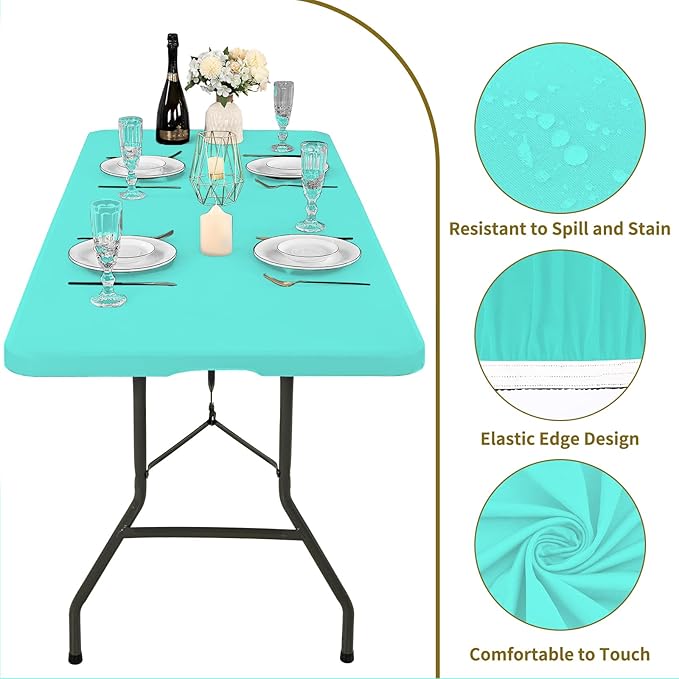 6 Pack Fitted Tablecloth for 8 Foot Rectangle Tables, Aqua Blue Elastic Outdoor Picnic Table Cover, Washable Stretch Folding Table Cloths 8 ft for Camping Party Patio Kitchen Banquet, 30" W x 96" L
