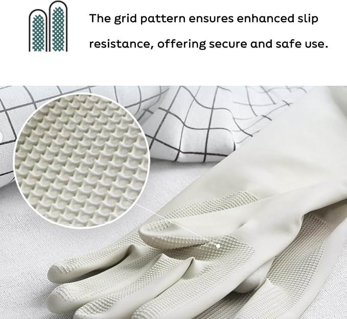 Myungjin 2 Pairs Reusable Waterproof Non-Slip Honeycomb Grip Latex Rubber Gloves with Hang-Dry Hooks/Hanging Loops for Dishwashing Household Cleaning Cooking (Large OverFit)