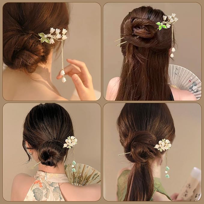 2Packs Lily of the Valley Chinese Hair Sticks for Buns, Pearl Flower Vintage Metal Hair Chopsticks for Women and Girls Dangle Tassel Pendant Accessories Hanfu Handmade Decor Hairpin (green)