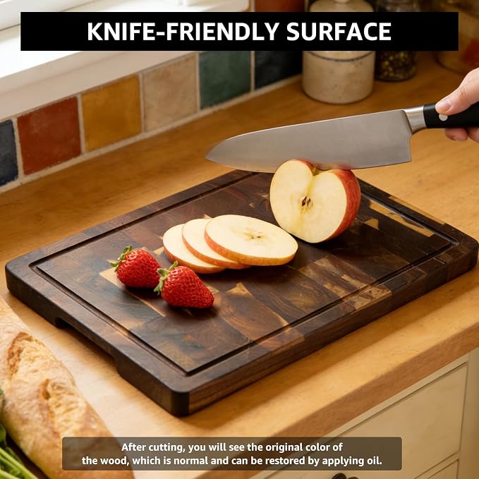 Walnut Wood Cutting Board for Kitchen, End Grain Chopping Board with Juice Groove, Heavy Duty Checkered Board for Cheese and Vegetables, Non-slip Feet, 14" × 11" × 1.5"