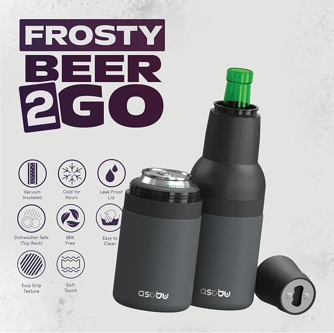 Asobu Frosty Beer Holder 2 Go Vacuum Insulated Double Walled Stainless Steel Beer Can and Bottle Cooler with Beer Opener, Bpa Free, Fits Standard 12oz Bottles & Cans, Gift for Beer Lovers (Smoke)