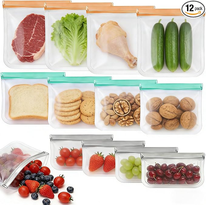 12 Pack Silicone Bags for Food Storage,Freezer,Microwave & Dishwasher Safe,Leakproof Food Storage Bags,Reusable Freezer Ziploc Bags,Sandwich Snack Baggies-4 Gallon 4 Snack 4 Sandwich Bags,3 Colors