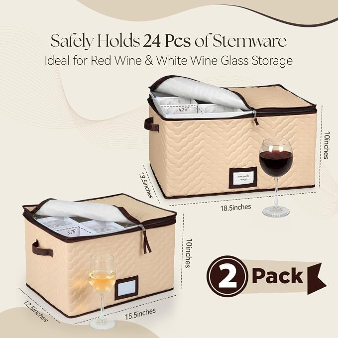 Wine Glass Storage Box with Dividers, Holds 12 Glasses up to 3.75" Wide | 2 Pack, Stemware Storage Case, Protects Fine China, Durable Quilted Microfiber, Carry Handles, Ideal for White Wine