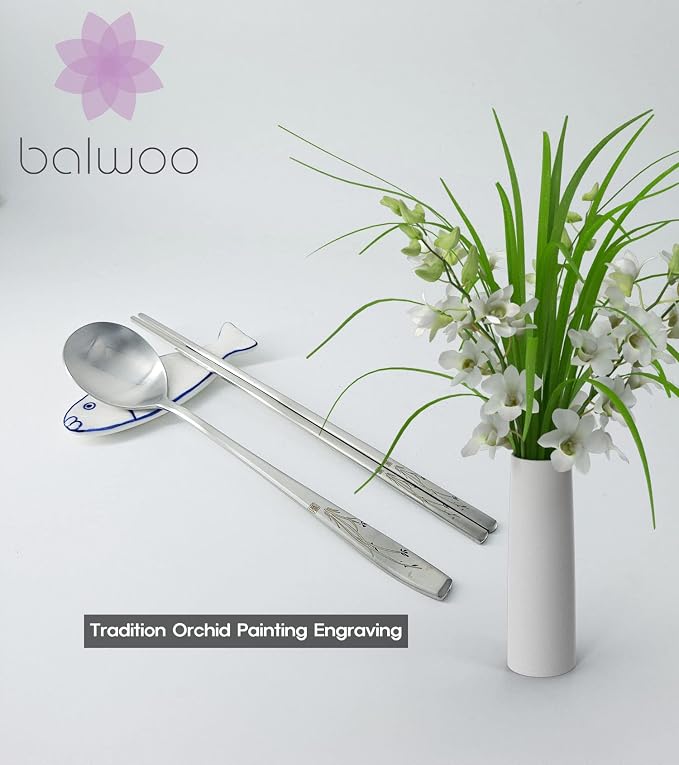 [2 Sets] [Made in Korea] Orchid Design Korean Style Sticky Rice Spoon Chopsticks Set 304 Stainless Steel Soup Spoon Ramen Chopsticks Flatware (2 Sets)
