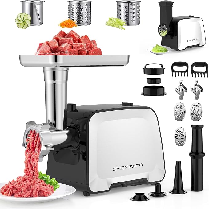 Electric Meat Grinder, 2000W Max Sausage Stuffer Maker, Vegetable Cheese Grater with 3 Shredder Slicer Blades, 2 Blades, 3 Plates, Sausage Tube, 2 Meat Claws, Burger Press & Kubbe Kit