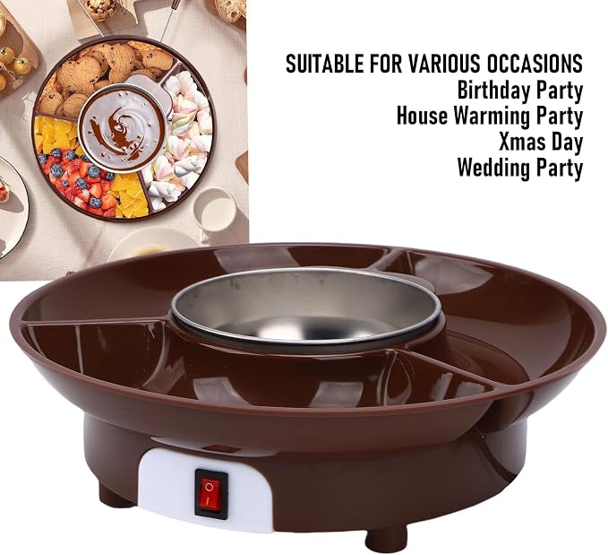 Electric Chocolate Fondue Pot, Food Grade Stainless Steel Melting Bowl with 3 Section Detachable Tray, for Chocolate Sauce Party Wedding Family Reunion (US Plug 110V)