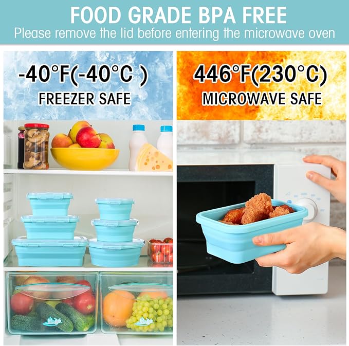 Yaomiao 16 Pack Collapsible Food Storage Containers with Lid Air Vent Foldable 8 Rectangle Storage Bowl and 8 Round Silicone Food Bow for Lunch Camping Rv Accessories Microwave Freezer(Blue)