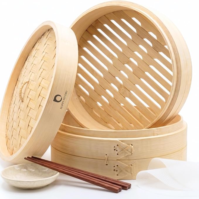 Bamboo Steamer Basket 10-Inch, 2-Tier Dumpling Steamer Cooking | Incl. Silicone Liners, Sauce Dish, Chopsticks - Steam Baskets for Food, Dim Sum, Bao Bun, Rice, Momo, Rice, Vegetables
