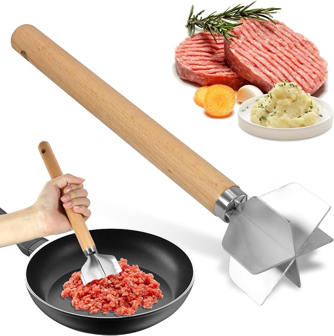 304 Stainless Steel Meat Chopper Wooden Meat Chopper 6 Curve Blades Meat Masher Ground Beef Chopper Tool 11 Inch Metal Meat Masher for Making Ground meat, Mashed potatoes, Jam