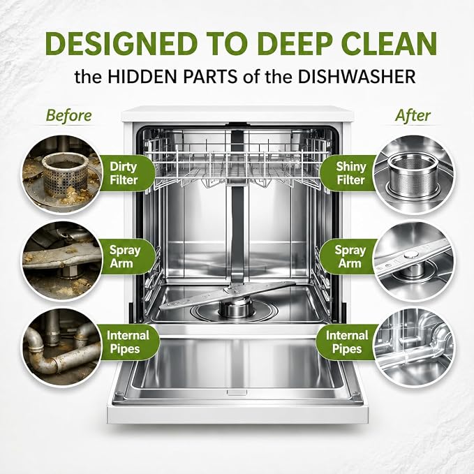 Dishwasher Cleaner and Deodorizer XL Tablets – Heavy-Duty Descaler & Odor Remover for Hard Water, Removes Spots & Residue, Enhance Drying & Shine, 12 Pack (1 Year Supply)