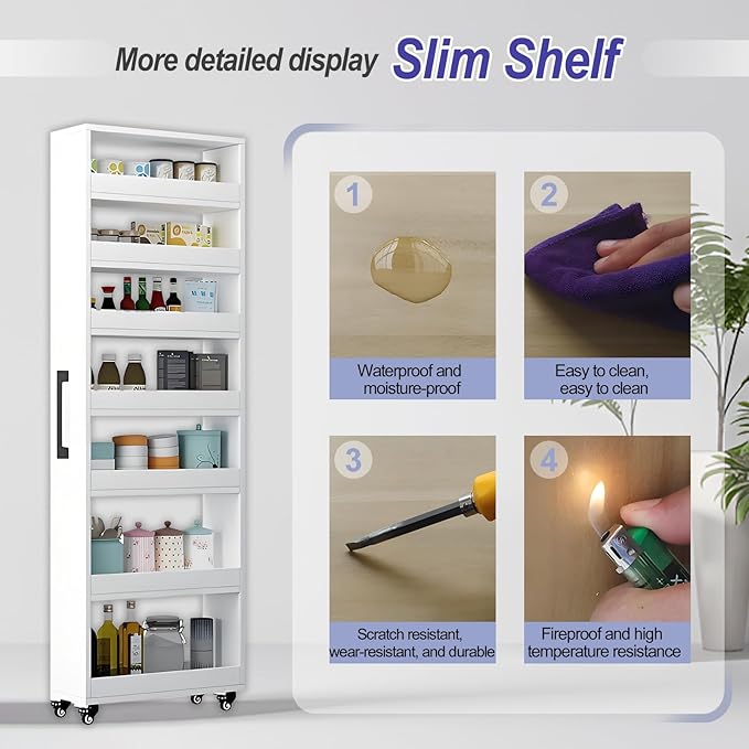 7-Tier Slim Storage Cart, Wooden Rolling Pantry Cabinet with Wheels, Narrow Shelf Organizer for Kitchen, Bakers Rack, Dining Room, Closet, Small Spaces Warm White 73.2''H*9.8''W*19.6''D