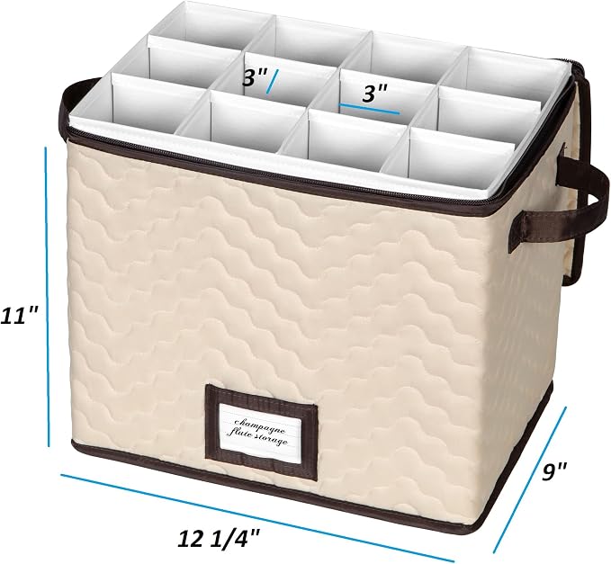 Wine Glass Storage Box with Dividers, Holds 12 Champagne Flute 3" Wide | Stemware Storage Case, Protects Fine China, Durable Quilted Microfiber, Carry Handles, Ideal for Champagne Flute