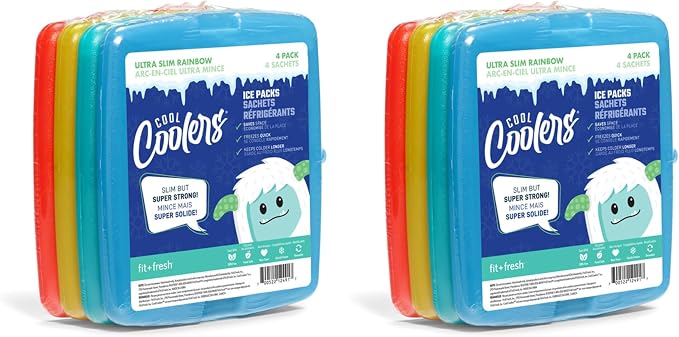 Cool Coolers by Fit + Fresh, 4 Pack Slim Ice Packs, Space Saving Reusable Ice Packs for Lunch Boxes or Coolers