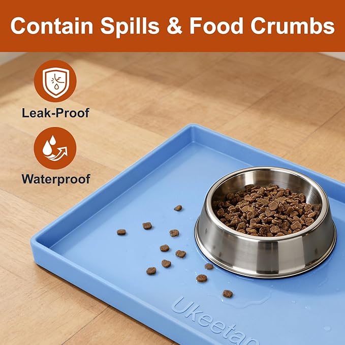 ukeetap 19" x 12" Extra Thick Silicone Mat Waterproof with Raised Edge, BPA Free Non-Slip Dog & Cat Food Mat, Feeding Mat for Food and Water Bowls, Spill Proof Mat to Protect Floors, Blue