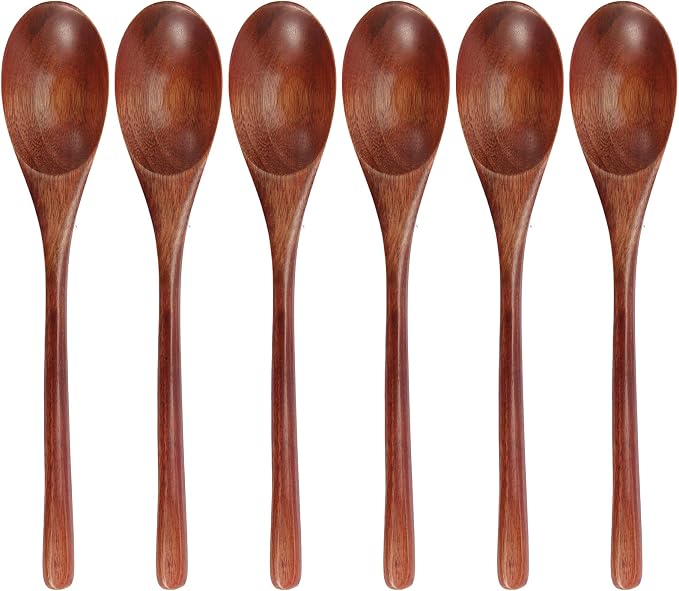 Wooden Spoons, 6 Pieces 9 Inch Wood Soup Spoons for Eating Mixing Stirring, Long Handle Spoon with Japanese Style Kitchen Utensil, ADLORYEA Eco Friendly Table Spoon (Nanmu, 9 Inch)