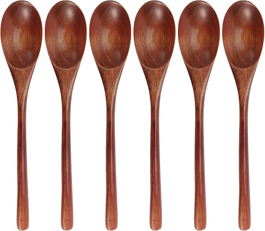 Wooden Spoons, 6 Pieces 9 Inch Wood Soup Spoons for Eating Mixing Stirring, Long Handle Spoon with Japanese Style Kitchen Utensil, ADLORYEA Eco Friendly Table Spoon (Nanmu, 9 Inch)