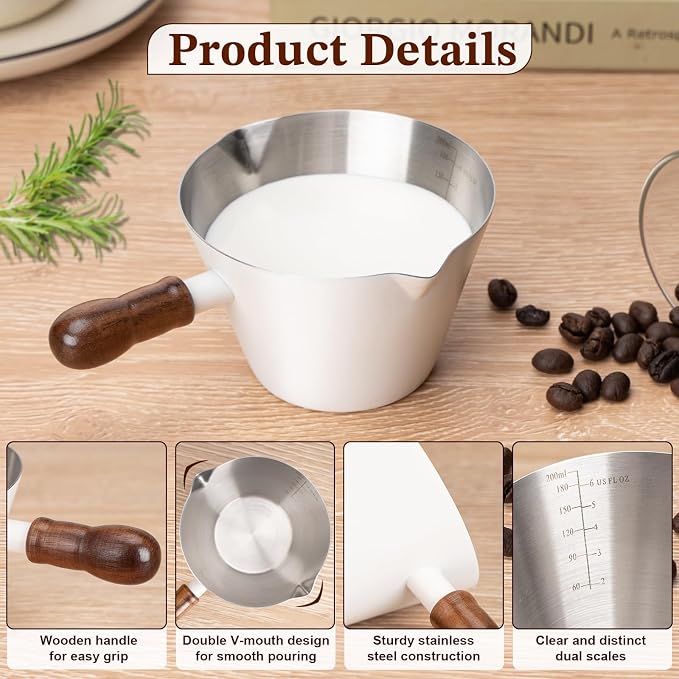 Amrules Espresso Cup, 6.8 oz/200 ml Stainless Steel Coffee Shot Measuring Cup with Wood Handle, Double V-Shaped Mouth and Clear Scale for Cappuccino Barista Coffee Bar Accessories, White