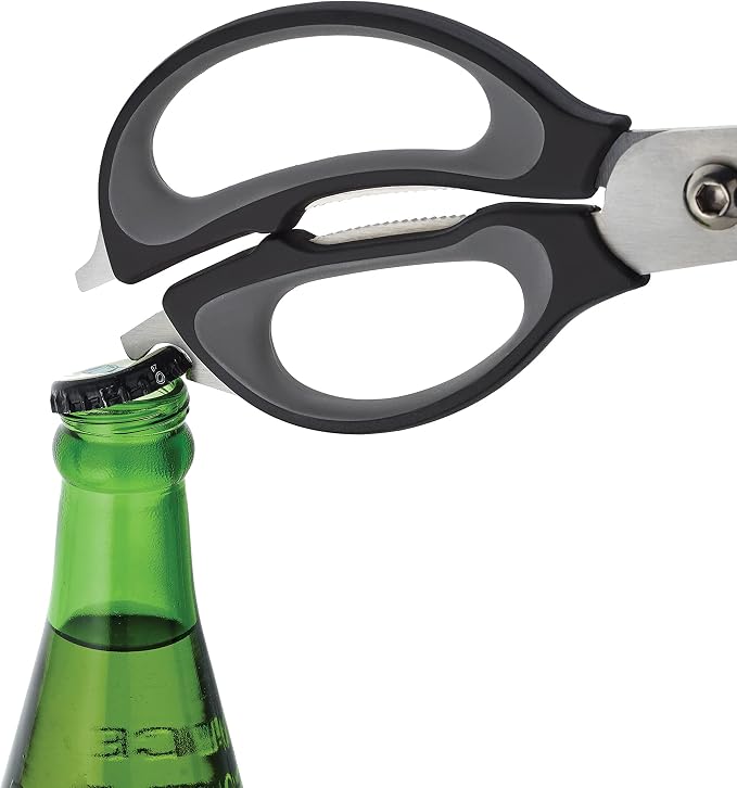 Farberware 4-in-1 Kitchen Shears with Sheath, High-Carbon Stainless Steel Scissors with Bottle Opener, Jar Opener and Screwdriver, Grey and Black Ergonomic Handle