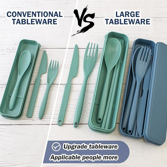 2 Sets Large Reusable Utensils Set with Case, Portable Cutlery Sets | Plastic, Blue and Green, Chopsticks Fork Spoon Knife Set with Lunch Box, For Camping Travel Daily Lunch Use Picnic Outdoor