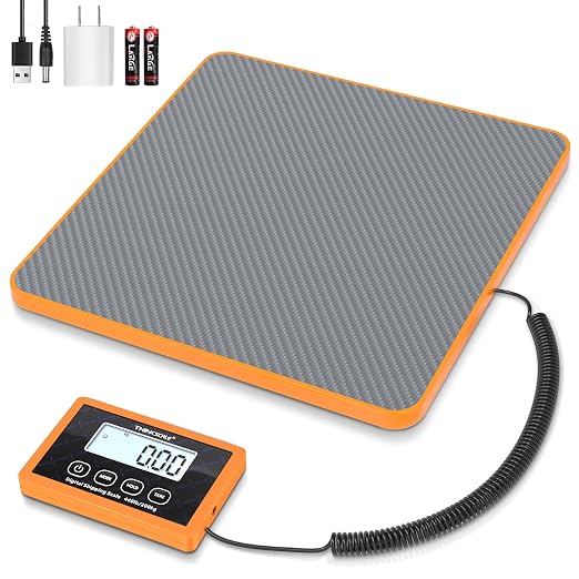 THINKSCALE Shipping Scale, 440lb, 10g/1oz Postal Scale, Hold/Tare | Carbon Fiber Platform – Anti-Slip & Lightweight, Backlit LCD Easy Read, for Packages & Mail. Battery + AC adapter included
