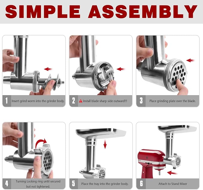 Stainless Steel Meat Grinder Attachment for KitchenAid, Stainless Steel Meat Grinder Attachment, Sausage Stuffer, Attachment for KitchenAid Mixers, Dishwasher Safe(Mixer Not Included)