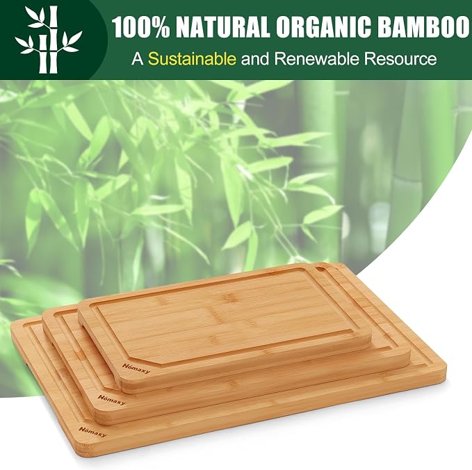 Homaxy Organic Bamboo Cutting Boards Set for Kitchen Set of 3 | Wooden Cutting Board Set with Juice Groove and Handles, Charcuterie Butcher Block Serving & Chopping Board, Pre Oiled