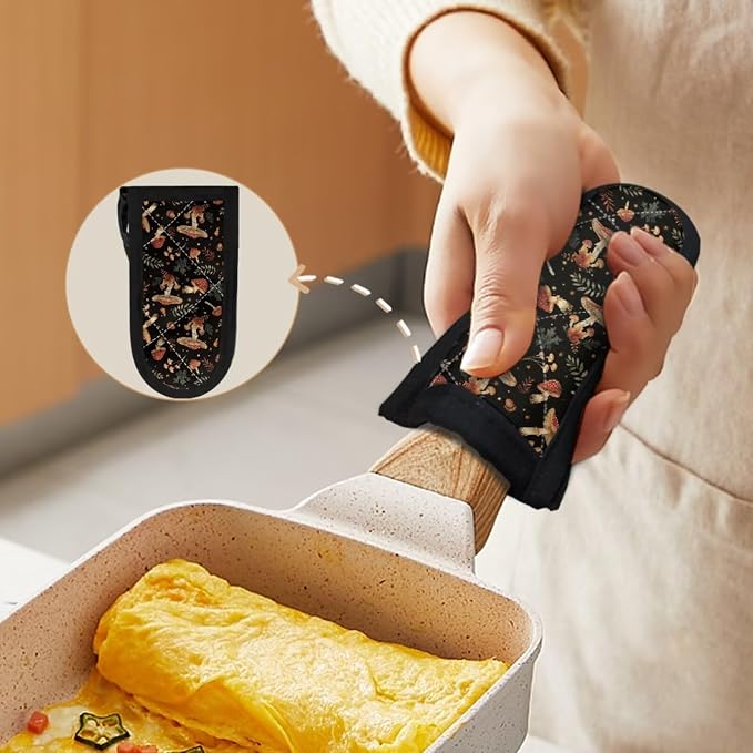 Coldinair Vintage Mushroom Leaves Hot Handle Holder Pan Pot Cast Iron Skillet Handle Holder Potholder Cookware Handle Cast Iron Skillets Handles Grip Covers, Heat Resistant Sleeve
