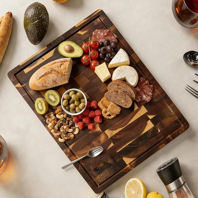 Walnut Wood Cutting Board for Kitchen, End Grain Chopping Board with Juice Groove, Heavy Duty Checkered Board for Cheese and Vegetables, Non-slip Feet, 14" × 11" × 1.5"