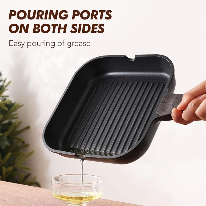 SENSARTE Nonstick Grill Pan with Lid, Grill Pan for Stove Tops, Versatile Griddle with Pour Spouts, Square Big Cooking Surface, Durable Skillet Indoor & Outdoor Grilling. PFOA Free, 9.5 Inch