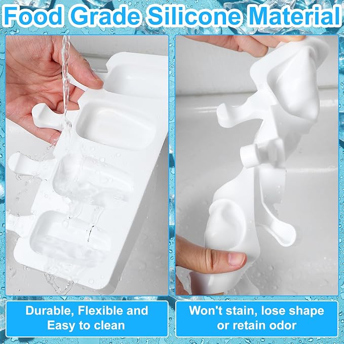 8 Set Small Silicone Popsicle Molds Ice Cream Mould, 4 Cavity Oval Cake Pop Mold with 400 Wooden Sticks for DIY Frozen Treats, White