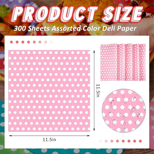 Fulmoon 300 Sheets Waxed Deli Paper Sheets for Food 12 x 12 Inch Polka Dot Dry Wax Paper Greaseproof Food Basket Liners Sandwich Wraps for Wrapping Bread Baking BBQ Picnic Party (Pink)