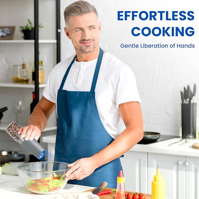 UNNEES Gravity Electric Salt and Pepper Grinder set of 2, Automatic Salt And Pepper Grinder Set, Adjustable Roughness, Battery Powered, LED Light, 2 Pack, (Light Grey)