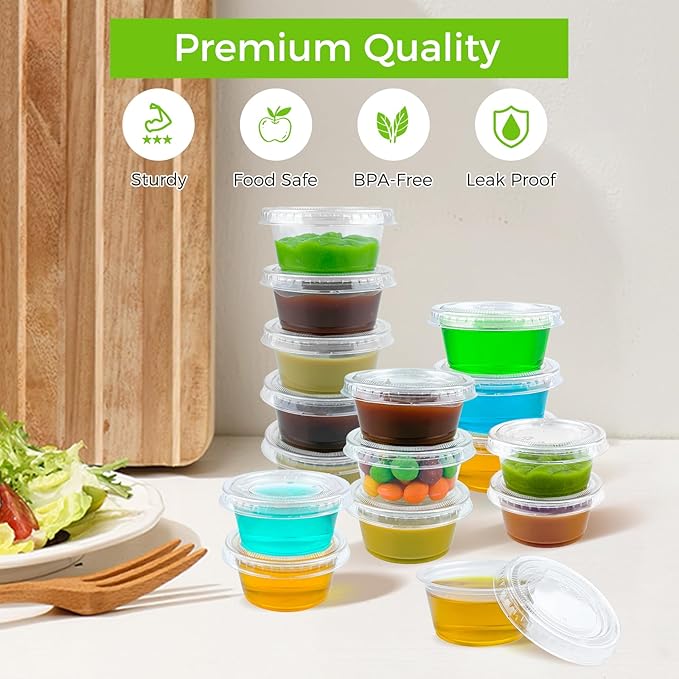 360 Set 2 oz Jello Shot Cups with Lids, Sturdy & Food Safe Disposable Plastic Portion Condiment Dipping Sauce Cups, Small Containers for Salad Dressing