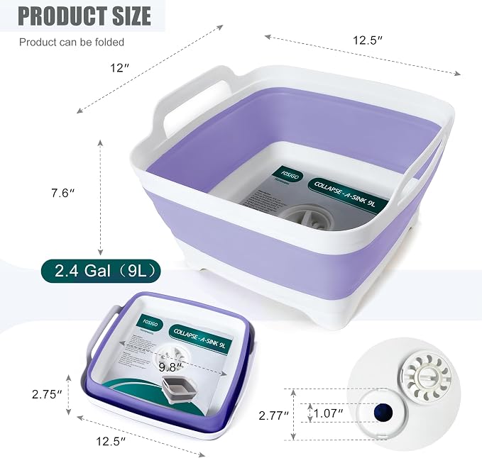 FOSJGO Collapsible Dish Basin with Drain Plug, Foldable Sink, 2.4 Gal (9L) | Space-Saving Wash Basin for Kitchen, Baby Bottles, Vegetable Washing, Camping, RV and Party Beverage Tubs