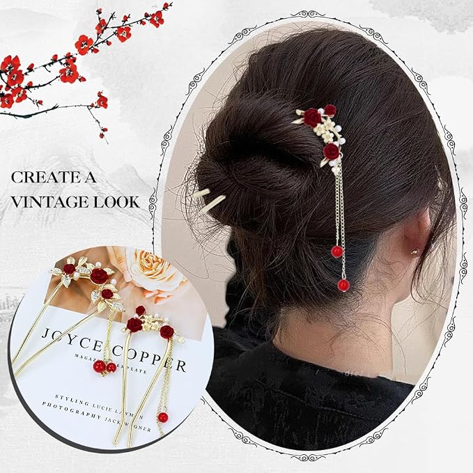 Lawie 10 Pack Cute Flower Butterfly U Shaped Gold Metal Hair Fork Pins Curved Chopsticks for Hair Sticks with Dangles French Hair Pins Bun Holder Decorative Hair Accessories for Women Girls (Red)