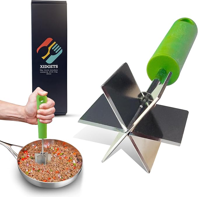 Stainless Steel Meat Chopper & Masher, 6-Blade, Soft Grip, Dishwasher Safe