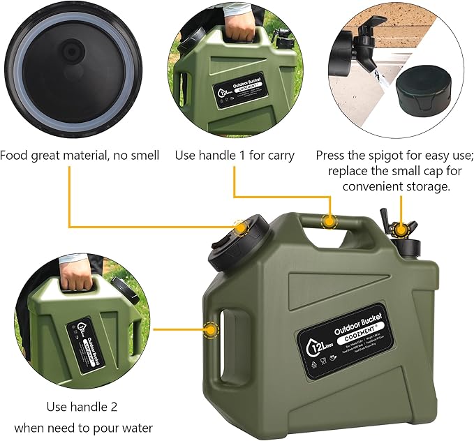 COOZMENT 3.2 Gallon/5 Gallon Water Containers with Spigot, BPA Free Water Jug, Military Green Water Tank, Multifunction Water Storage Containers for Camping Outdoor Hiking,Emergency Storage