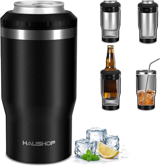 HAUSHOF 4-in-1 Insulated Can Cooler Fits 12oz Cans & Beer Bottle, Black | Double-Wall Vacuum Insulated, 18/8 Stainless Steel, BPA-Free Lid, Slim Can Cooler for Camping, Beach & Picnic