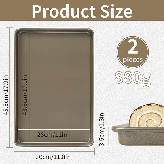 2 Pieces Large Sheet Pans Baking Sheet Pan Set, 12 x 17.5 inch Cookie Sheets for Oven, Carbon Steel Half Sheets Trays Nonstick Baking Sheet Set, Gold