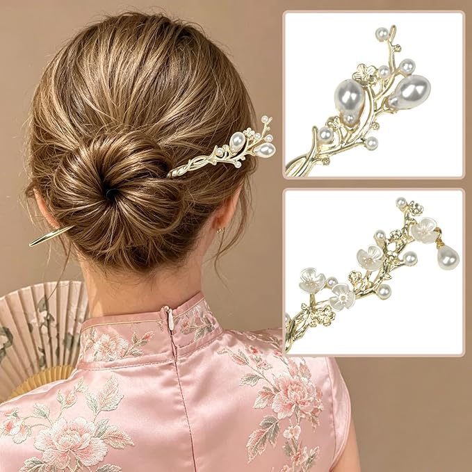 2Packs Lily of the Valley Chinese Hair Sticks for Buns, Pearl Flower Vintage Metal Hair Chopsticks for Women and Girls Dangle Tassel Pendant Accessories Hanfu Handmade Decor Hairpin (gold white)