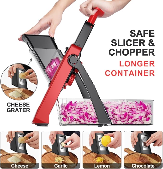 SUPMAKIN Safe Mandoline Slicer, Adjustable Vegetable Food Slicer and Chopper, Potato Fries Fry Cutter, Veggie Salad Chopper, New Kitchen Chopping Artifact Gifts (4V RED)