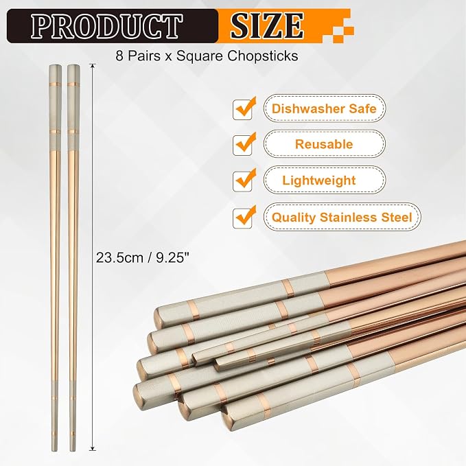uxcell 8 Pairs Stainless Steel Chopsticks, 23.5cm / 9.25 Inch Metal Chop Sticks Square Lightweight Chopsticks Tableware Accessories Bulk for Home Kitchen Hot Pot Cooking, Rose Gold