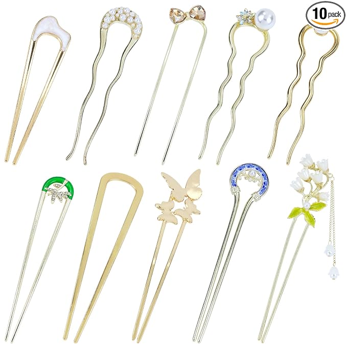 Lawie 10 Pack Cute Flower Butterfly U Shaped Gold Metal Hair Fork Pins Curved Chopsticks for Hair Sticks with Dangles French Hair Pins Bun Holder Decorative Hair Accessories for Women Girls