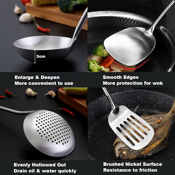 Wok Utensils for Carbon Steel, Stainless Steel Wok Spatula 17 Inch | Extra long wooden handle-Anti-scald;Wok Tools Professional Set;Great for home use and commercial use;