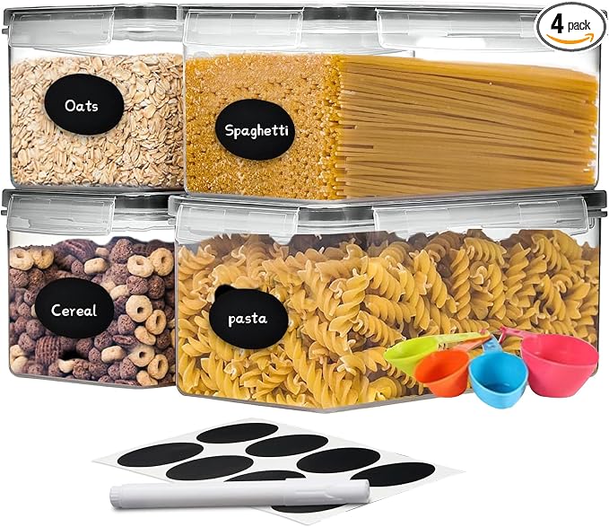 4pc 3.2L Large Airtight Plastic Canisters with Lids, Cups & Labels | Plastic Food Storage with Labels for Spaghetti, Cereal, Oats & Kitchen Pantry Organization, 4 Pack