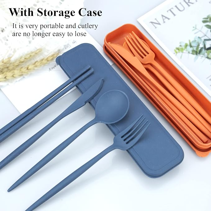 DISSKNIC Reusable Travel Utensils with Case, 4 Sets Wheat Straw Portable Cutlery Set Chopsticks Knives Fork and Spoon for Lunch Box Accessories, Camping Flatware Sets for Daily Use or Outdoor